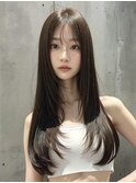 レイヤーカットボブルフ黒髪ネビージュ小顔ワンレン20代30代40代