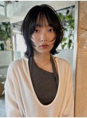 ミディアムボブ長め韓国外国人風オリーブベージュハッシュボブ