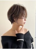 前髪長め 丸み 可愛い 耳かけ ショート ベージュブラウン カラー
