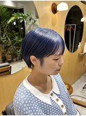 シアンブルーハイトーンウルフレイヤーロングブリーチカラー渋谷
