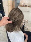 前髪ハイライトカラーこなれミディイメチェンウェーブパーマ
