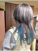 ☆☆ハイトーングレージュと水色のインナーカラー クラゲヘアー