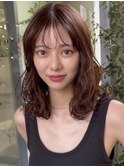 ミディアムパーマデジタルパーマボブパーマチェリーブラウン前髪