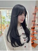 ダークカラー ダークブルー ロングレイヤー ワンカール ぱっつん