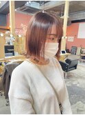 ブリーチなしコーラルブラウンカラー切りっぱなし外はねボブ岡山