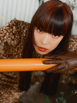 テトヘアー(teto hair) デザインカラーボルドーオレンジワイドバングモードぱっつん