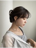 パールベージュタッセルボブハイライトサイドお団子セミロング
