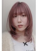 ミディアムレイヤーシャギーレイヤーブリーチピンク