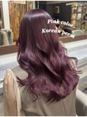 ピンクカラー×コテ巻き風パーマ