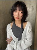 ミディアムボブ長め韓国外国人風オリーブベージュハッシュボブ