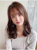 ミニウルフ前髪パーマ韓国くびれミディアムチェリーブラウン