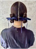 結婚式お呼ばれツインシニヨン／ヘアセット/リボン/アレンジ