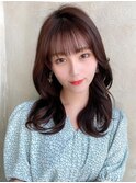 ミニウルフ前髪パーマ韓国くびれミディアムチェリーブラウン