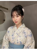 浴衣ヘアシニヨンアップシースルーバング暗髪立川