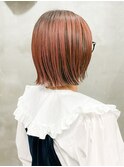 ローライト インナーカラー 切りっぱなしボブ オレンジピンク