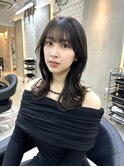 大人前髪アイスグレー韓国小顔レイヤー重めロングオリーブ