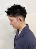 スパイキーショートブルーブラックフェザーパーマサーフカール