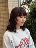 ミディアムレイヤー/顔周り/ミディアムパーマ/レッドブラウン