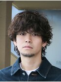 原宿メンズマッシュウルフ無造作シャドウパーマツーブロック黒髪