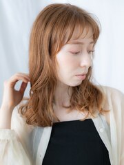 ぱっつん前髪オレンジブラウンカジュアルセミディc古河20代30代