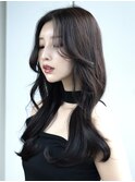 大人ガーリーミディアムレイヤーカット着物ヘアダークアッシュ