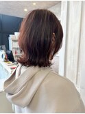 福山市美容室Caary人気 赤みバイオレットピンクぱつんとボブ