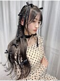 韓国レディ 透ける暗髪 黒髪 ワンホン リボンアレンジ