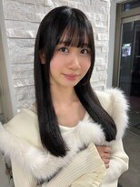 アム 表参道(am) 小顔薄めバンググレージュレイヤーロング前髪パーマ黒髪