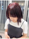 ワインレッド/縮毛矯正/夏/艶カラー/ミディアム/ボブ　