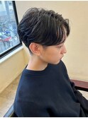 メンズダークアッシュマッシュセンターパートニュアンスパーマ