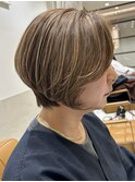 40代50代ショートボブ/ハイライト/ベージュカラー/白髪ぼかし