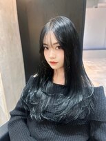 韓国風スタイル/くびれヘア/ヨンモリヘア/ロング/ネイビー