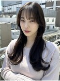 大人前髪顔周りレイヤーロング/黒髪グレーベージュ/20代30代40代