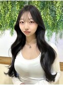 美髪カールブルーブラック韓国レイヤーロングセミディ顔周り前髪