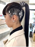 ヘアセット　ハイポニー　ヘアピンアレンジ　黒髪ロング