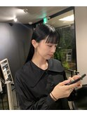 ロング×ワイドバング×アッシュブラック×ぱっつん前髪