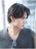 フェザーパーマ/ブルーブラック/刈り上げセンターパート[新宿]