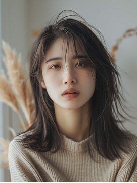 ムウ 難波(MOU) レイヤーカットワイドバングホワイトブロンド美髪20代30代40代