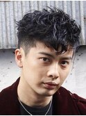 メンズツーブロック黒髪パーマショート