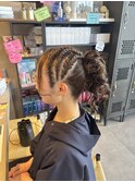 お祭りヘアセット編み込みポニーテールコーンロウ