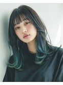 【韓国・ボブ】エンドカラーセミディブルーグリーン