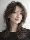 大人ミディアム　レイヤー　白髪ぼかし　白髪染め　40代50代60代