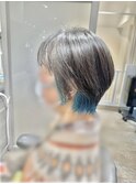 インナーカラー×ショートボブ◎ターコイズブルー推し色青緑