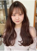ぱっつん前髪xグレージュカラーx韓国ヘアx波巻きxレイヤーロング