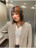 ミディアムサイドバング外ハネボブブリーチ個性派デザインカラー