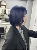 切りっぱなしボブ/ブルーラベンダー/顔周りレイヤー