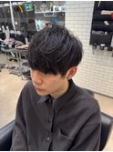 ブルーブラックフェザーパーマツーブロックフェードカット