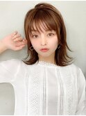 ミニウルフ前髪パーマ韓国くびれミディアムチェリーブラウン