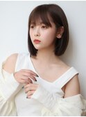 大人小顔暗髪黒髪艶髪内巻きボブアプリコットオレンジハイライト