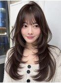 韓国ヘアロングレイヤーカットブリーチなしベージュカラー前髪